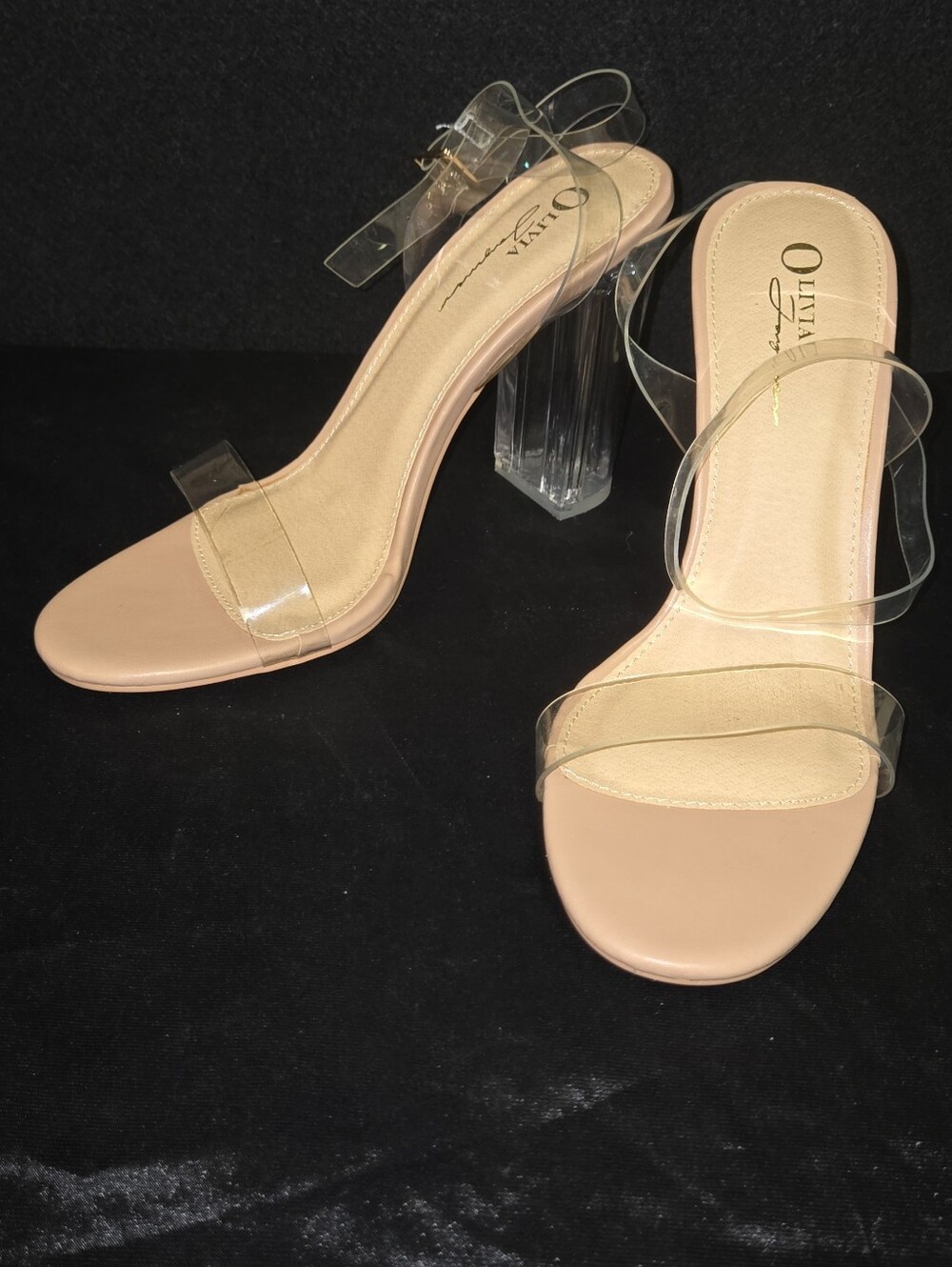 Olivia Ferguson Clear-Strap Nude Block Heel Sandals